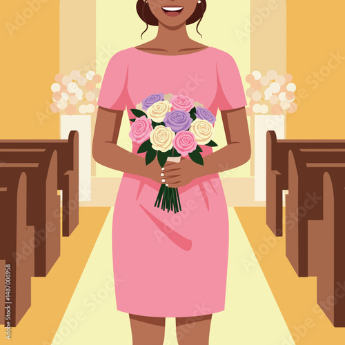 Woman holding colorful bouquet in pink dress at wedding ceremony interior scene 
