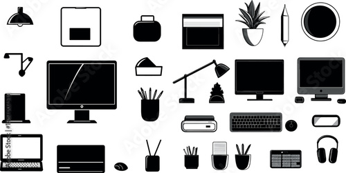 Black and white office desktop equipment isolated on a white background