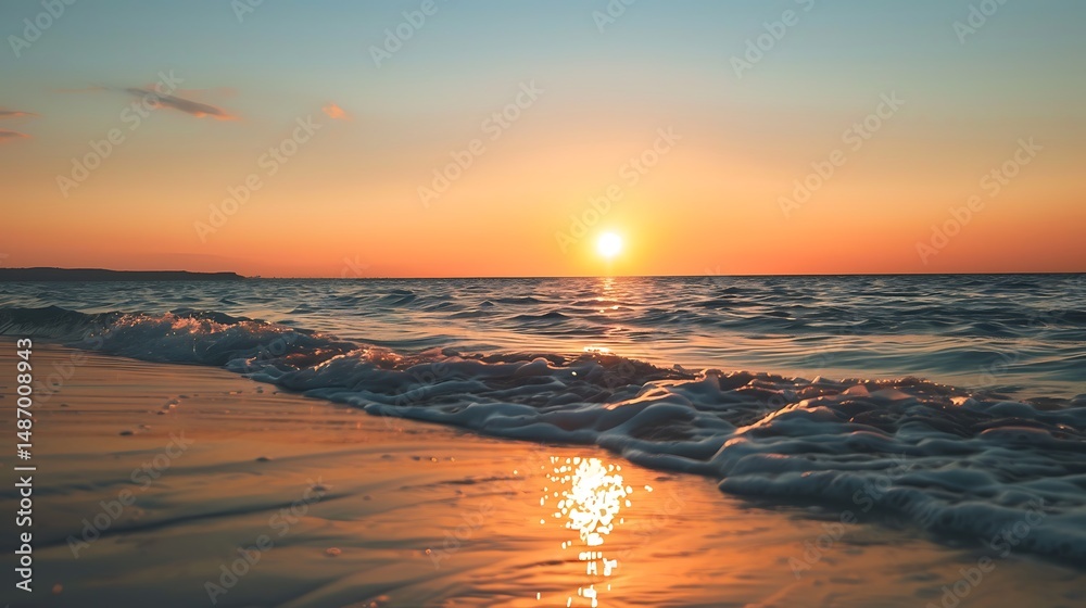 Naklejka premium Golden Sunset Over Ocean Waves Casting Warm Reflections on Sandy Beach