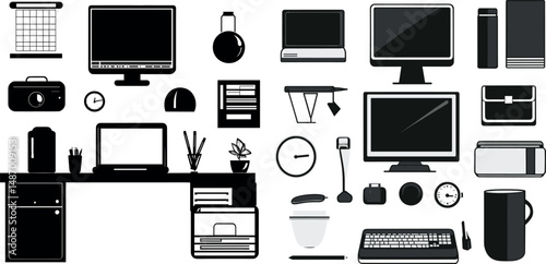 Black and white office objects isolated on a white background