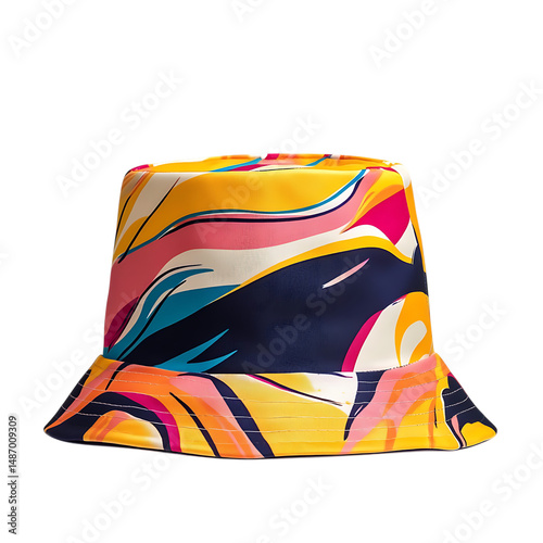 Playful Yellow Bucket Hat with Bright Modern Print Isolated on Transparent Background