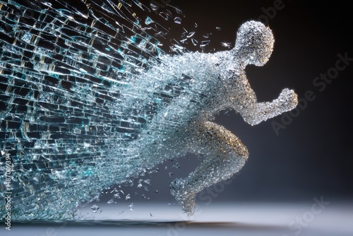 A dynamic glass figure sprints forward, shattering into fragments, symbolizing speed, transformation, and breaking barriers.