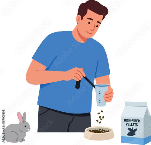 Man Feeding Rabbit with Pellet Food in Blue Shirt and Dark Pants Vector Illustration 