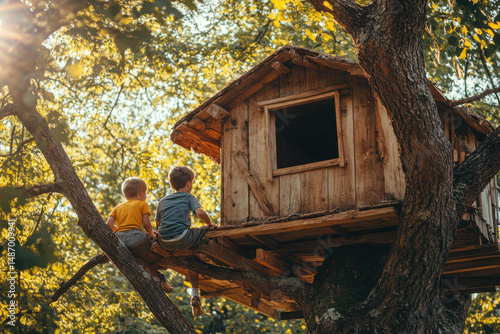 A boy enjoys the tree house.