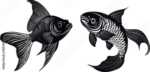 Two stylized fish in black and white isolated on a white background