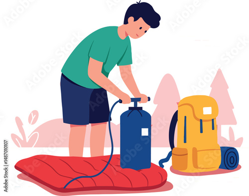 Boy inflating sleeping bag using air pump for camping outdoor adventure hobbies lifestyle 