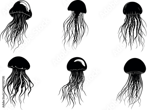 Six jellyfish in black silhouette isolated on a white background