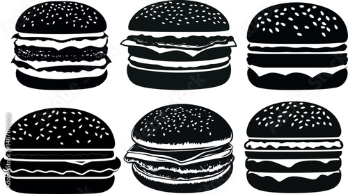 Six burger silhouettes isolated on a white background