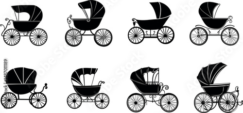 Collection of vintage baby prams isolated on a white background