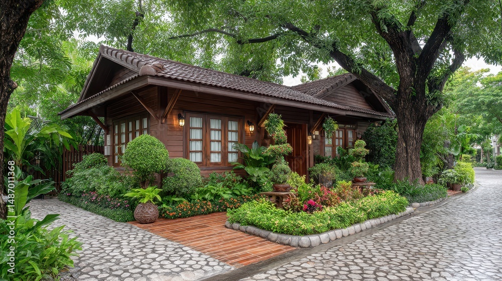 Obraz premium Charming Brown Wooden House in Lush Green Garden