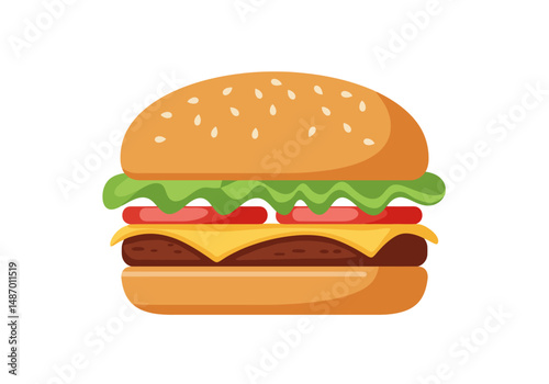 Cartoon Burger with Sesame Seed Bun Illustration