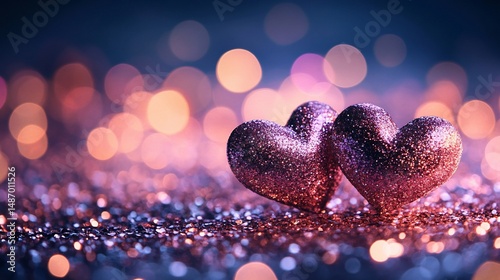 Romantic Glitter Hearts on Sparkling Background