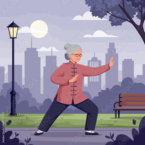 Elderly Woman Practicing Tai Chi in Urban Park with Evening Sky and Cityscape Background