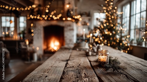 Rustic Christmas Interior with Fireplace and Wooden Table
