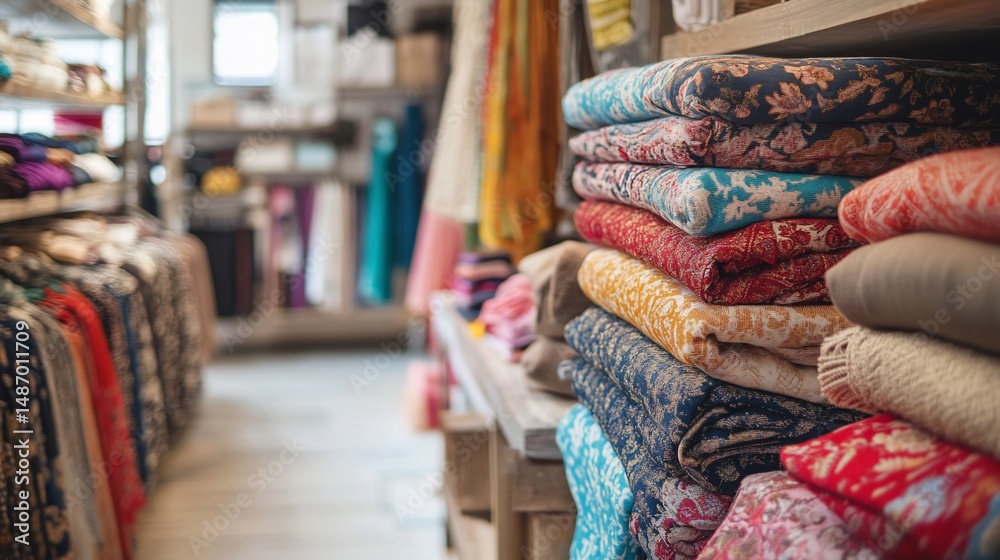 Fototapeta premium Assortment of folded fabrics and garments in a retail setting atmosphere