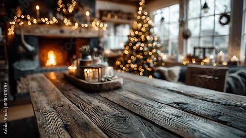 Rustic Christmas Interior with Fireplace and Wooden Table

