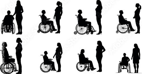 Silhouettes of people with disability and woman standing isolated on a white background