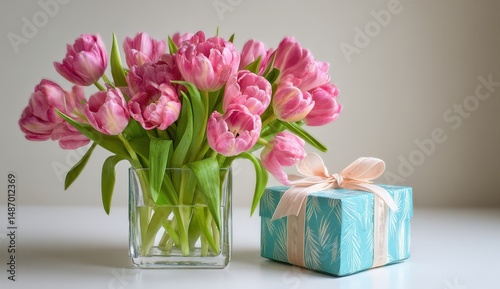 Wallpaper Mural Pink tulips in vase with gift box on table. Torontodigital.ca