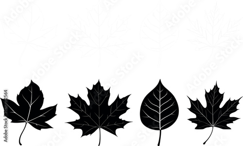 Four black leaf silhouettes with faint leaf outlines on a white background