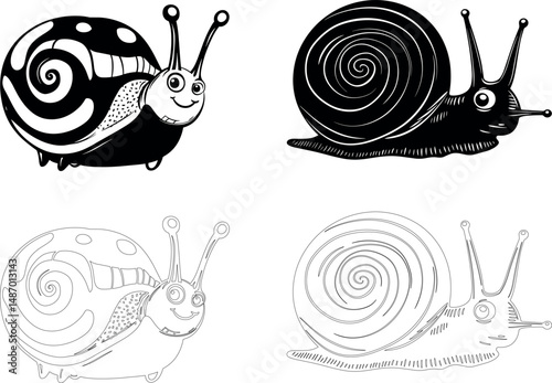 Four cartoon snail illustrations in black and white on a white background