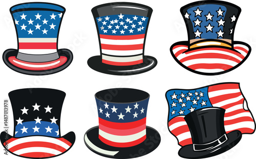 Collection of patriotic american flag themed hats isolated on a white background