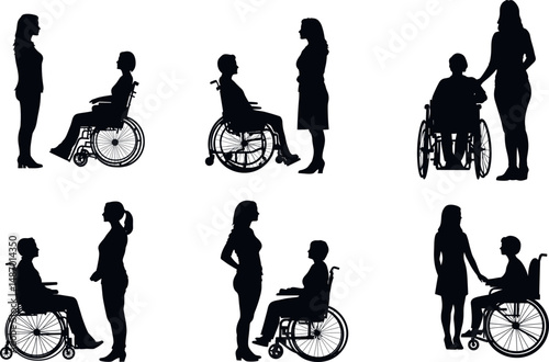 Silhouettes of people with disability and their friends on a white background