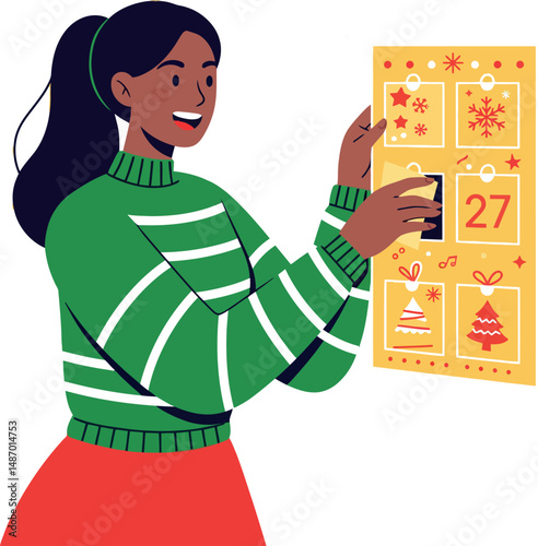 Woman opening advent calendar for Christmas celebration in green sweater and red skirt with happiness 
