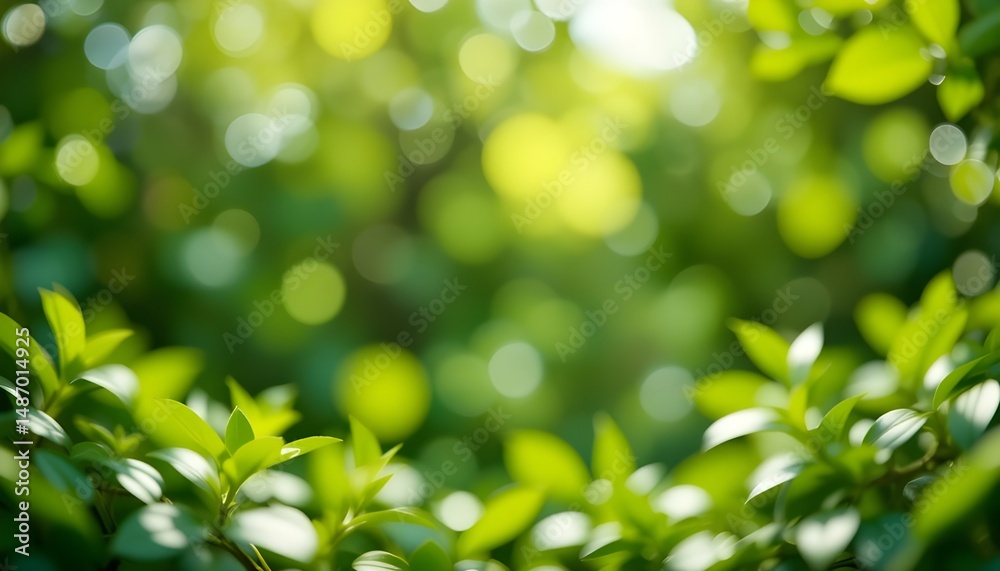 Obraz premium Fresh Healthy Green Bio Background with Abstract Blurred Foliage Bright Summer Sunlight and Central Copyspace for Text or Advertisement