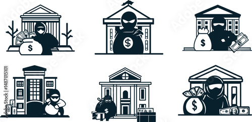 Set of thief icons stealing money from bank isolated on a white background