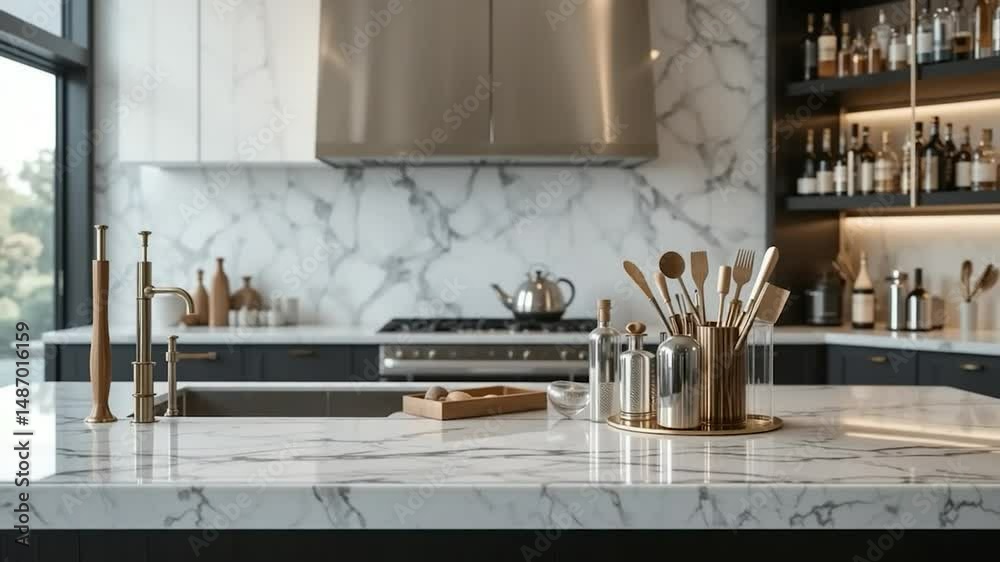 Modern kitchen interior design with marble countertop and stainless steel appliances Modern kitchen interior design with marble countertop and stainless steel appliances