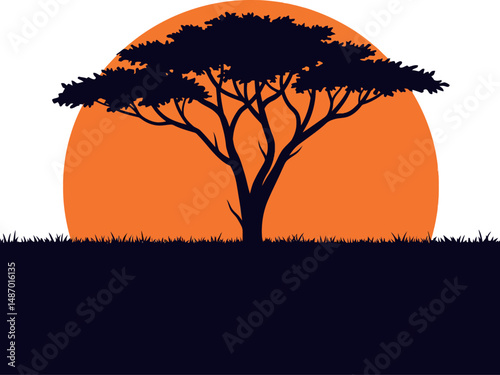 Acacia tree silhouette with orange sun background sunset landscape vector illustration 