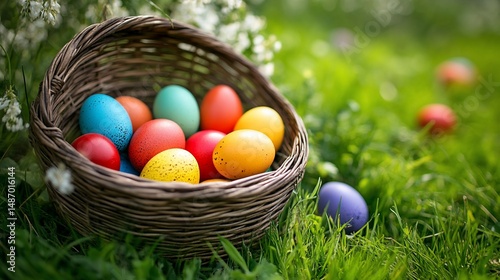 Colorful Easter Eggs in Rustic Basket Nestled in Spring Grass
