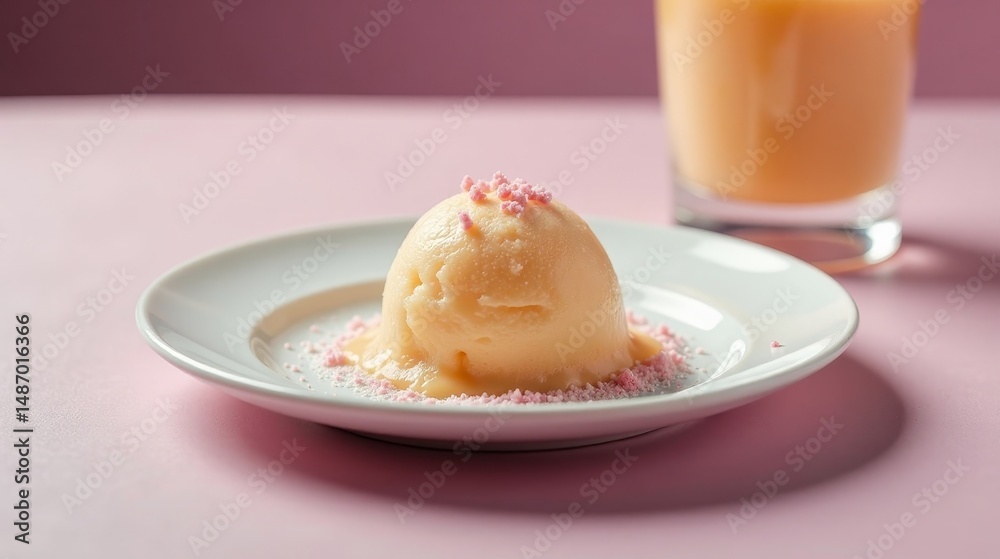 Fototapeta premium A Delicate Scoop of Pale Yellow Frozen Dessert Garnished with Pink Sugar Crystals Served on a Simple White Plate beside a Glass of Apricot Juice
