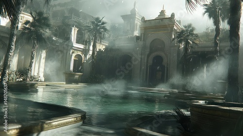Overgrown palace ruins, submerged in water, shrouded in mist.
