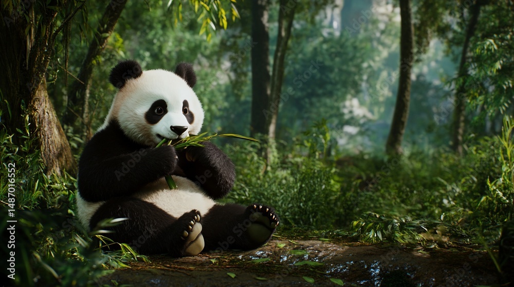 Obraz premium Adorable Panda Enjoying Bamboo Lunch in Lush Forest