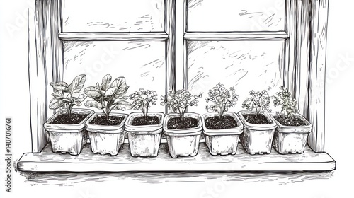 Plants on windowsill sketch, artistic depiction, home gardening photo