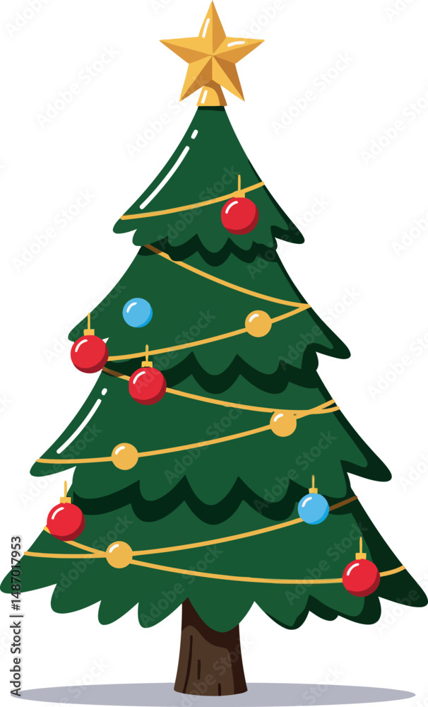 Fototapeta premium Christmas tree decorated with red and blue baubles and golden star topper vector illustration 