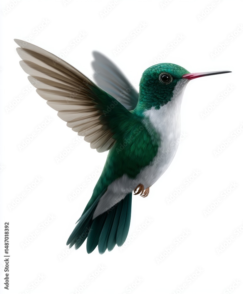 Obraz premium A green and white hummingbird flying through the air with its wings spread