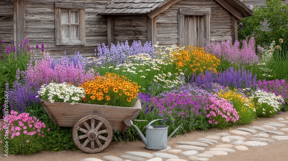 Fototapeta premium Colorful Wildflowers Blooming Before Rustic Wooden House