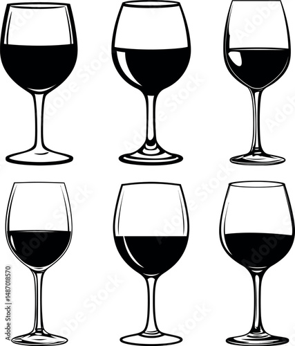 Six wine glasses filled with red wine isolated on a white background