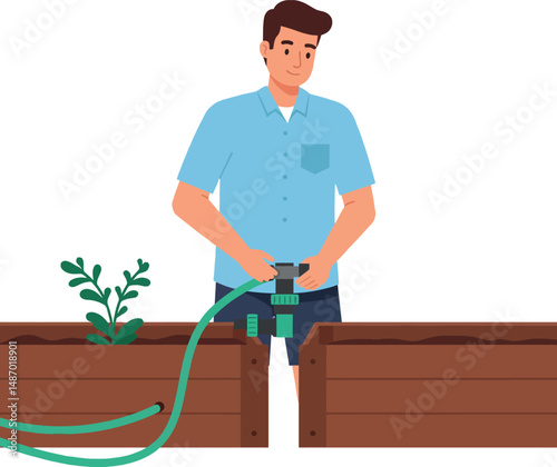Man using garden hose to water plants in wooden planter boxes vector illustration