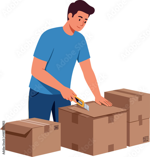 Man Cutting Cardboard Boxes with Cutter for Moving or Packing Tasks in Blue Shirt 