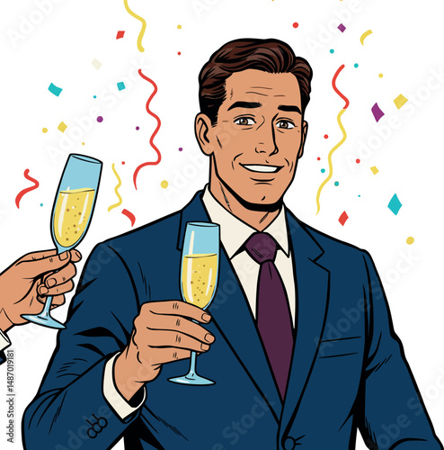 Man in blue suit holding champagne glass celebrating with confetti around him vector illustration 