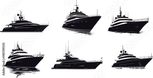 Silhouettes of various yachts isolated on a white background
