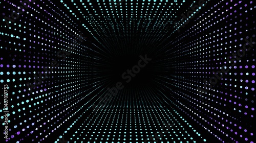 Abstract background featuring a dark tunnel effect with glowing dots and lines.