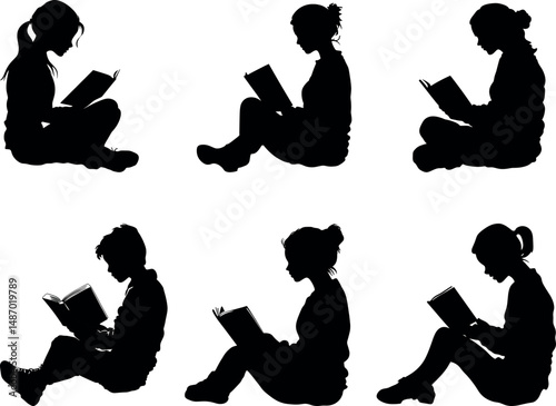 Silhouettes of people sitting and reading book isolated on a white background