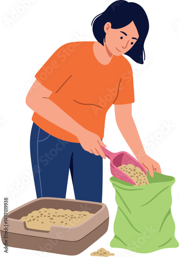 Woman scooping grains into green sack with pink scoop vector illustration in casual outfit 