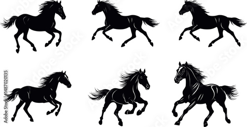 Six black horse silhouettes galloping on a white background