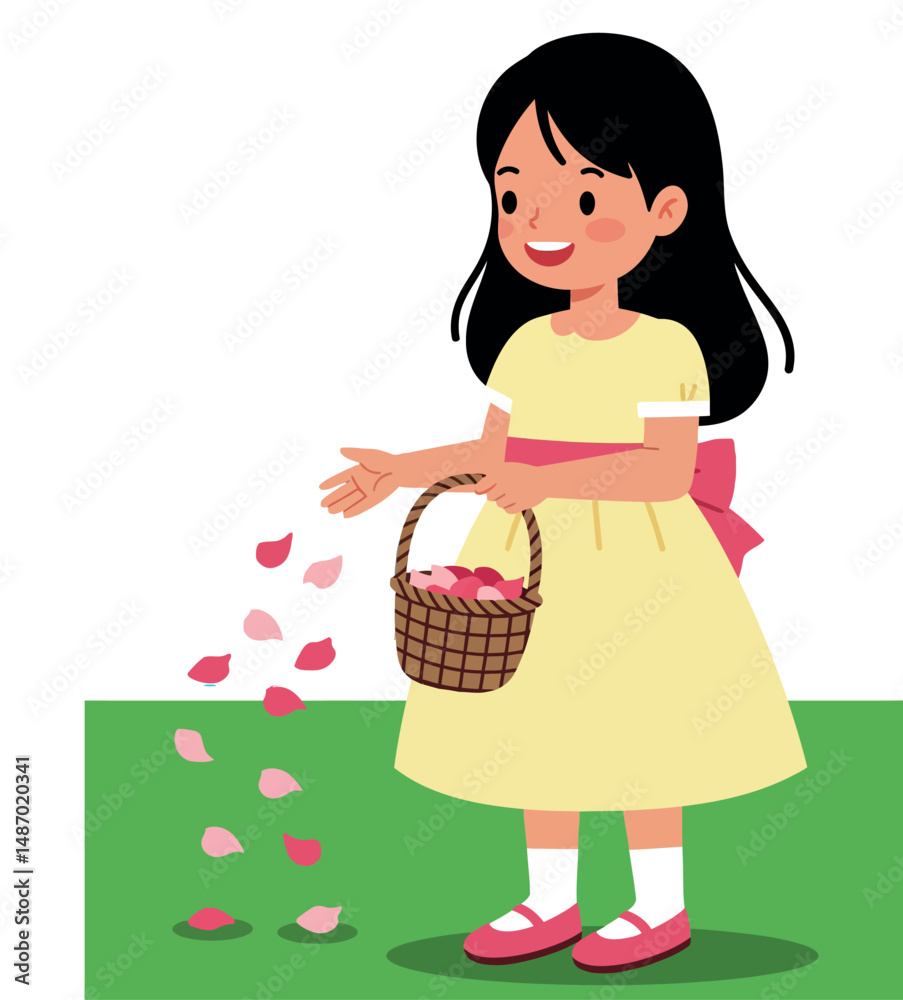 Girl in yellow dress scattering pink flower petals with basket outdoor vector illustration Girl in yellow dress scattering pink flower petals with basket outdoor vector illustration