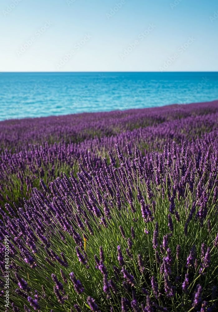 Obraz premium Coastal Lavender Field: Serene Purple Blooms by the Sea